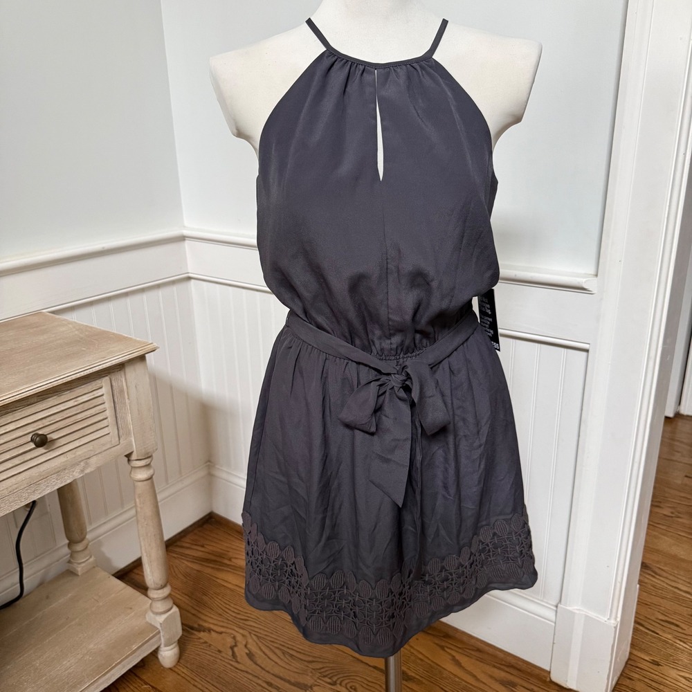 NWT Express Women Charcoal Gray Halter Neck Tie Waist Lace Hem Mini Dress Size S